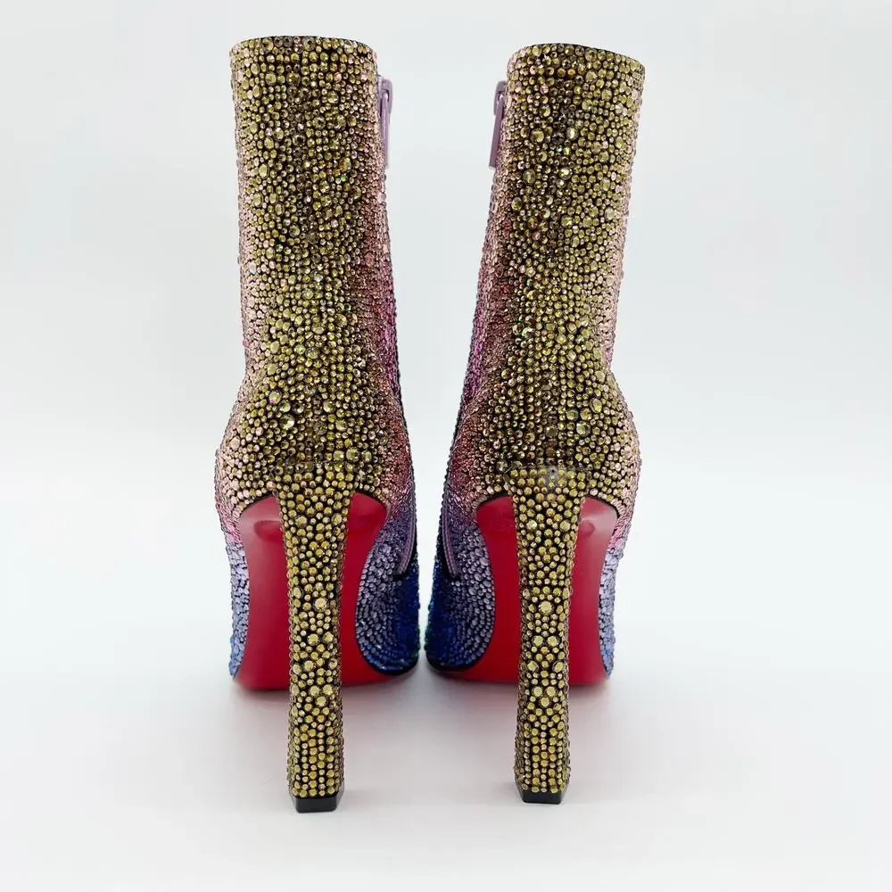 New Christian Louboutin Condora Strass Rainbow Crystal Heeled Ankle Boots EU 36